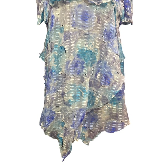 100% Silk Layered Dress S Vintage Long Sleeve Rosette Flowy V-Neck Blue Gray - Picture 6 of 11